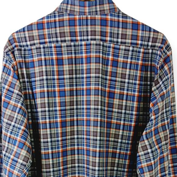 Billy Reid SZ XL Standard Cut White Blue Orange Brown Plaid Button Down Shirt - Picture 6 of 7